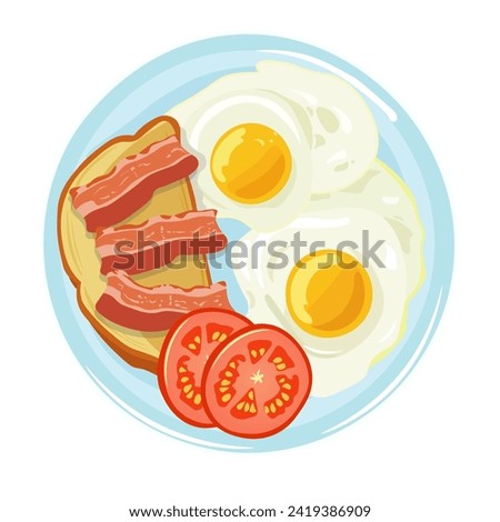 Vector illustration, flat style. English breakfast. Scrambled eggs with toast