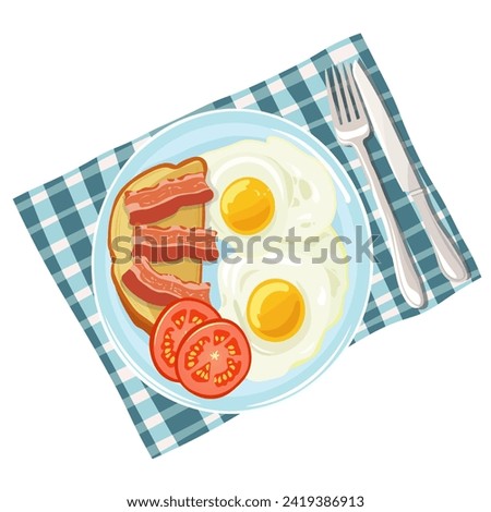 Vector illustration, flat style. English breakfast. Scrambled eggs with toast