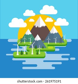 Vector illustration in a flat style of environmentally friendly types of energy, environment, wind power plants on the island in the ocean.