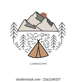 Vector illustration. Flat style of execution. The picture shows a mountain, a house or a tent and a spruce. Ideal as stickers, notebook and album covers as well as a screensaver.