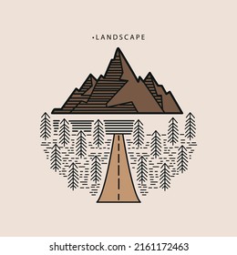 Vector illustration. Flat style of execution. The picture shows a mountain, a road and spruces. Ideal as stickers, notebooks and album art, as well as a screensaver.