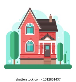 Vector illustration in flat style. The facade of the red brick house.