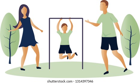Vector illustration, flat style, family vacation, mom, dad and son.