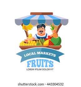 Vektorillustration-Illustration im flachen Stil von Landwirten, die Gemüse auf dem lokalen Markt verkaufen. Bild einzeln auf weißem Hintergrund.