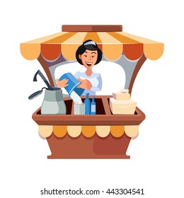 Vector illustration in flat style of farmer selling milk products in local market. Picture isolated on white background.