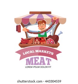 Vector illustration in flat style of farmer selling fresh meat in local market. illustration isolated on white background.