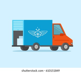 Vector illustration in flat style - fast delivery concept - red truck - shipment and transportation