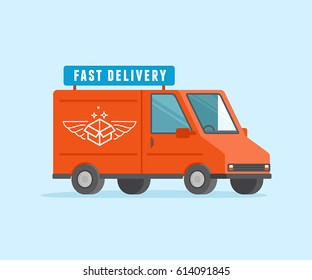 Vector illustration in flat style - fast delivery concept - red truck - shipment and transportation