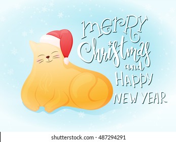 vector illustration of flat style fat ginger cat in santa hat with greeting lettering phrase - merry christmas and happy new year - with snowflakes. Design for greeting card or poster.