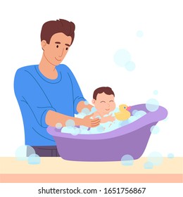 Vector illustration in a flat style. Father bathes a small child. The kid has fun in the bath with a duck and foam, soap bubbles. Dad stay home and take care of the newborn baby.Guy on maternity leave