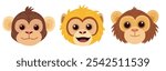 Vector illustration in a flat style features three cartoon monkey faces with distinct expressions and fur colors. Masks of animals Quadrobists kid mask