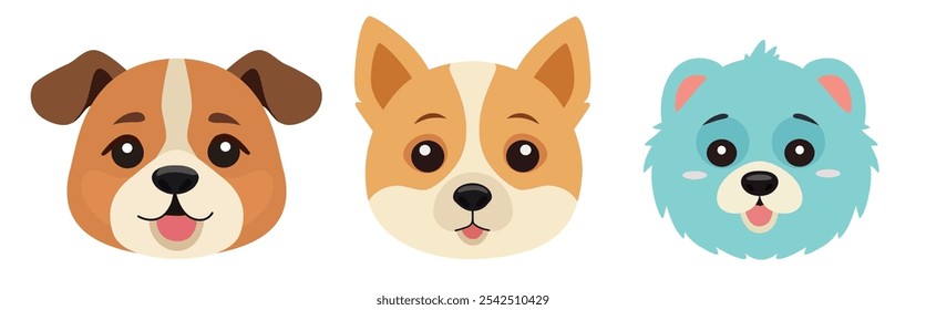 Vector illustration in a flat style features three cartoon dog puppy faces with distinct expressions and fur colors. Masks of animals. Quadrobists kid mask