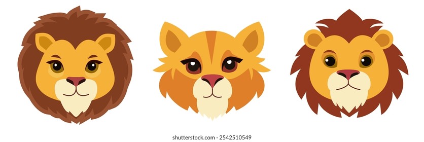 Vector illustration in a flat style features three cartoon lion faces with distinct expressions and fur colors. Masks of animals. Quadrobists kid mask