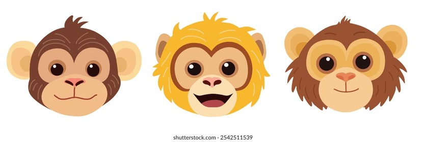 Vector illustration in a flat style features three cartoon monkey faces with distinct expressions and fur colors. Masks of animals Quadrobists kid mask