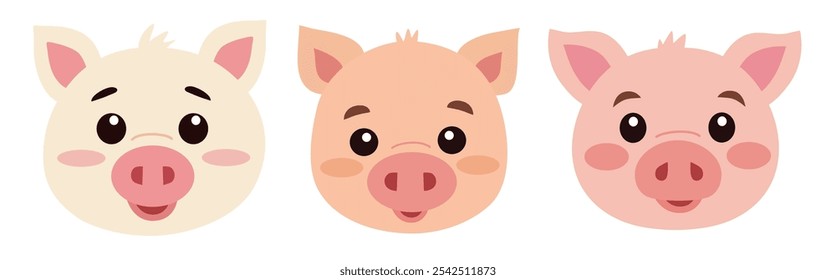 Vector illustration in a flat style features three cartoon piglet faces with distinct expressions. Masks of animals. Quadrobists kid mask