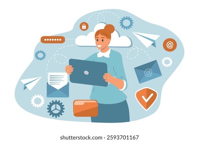 vector illustration in flat style. female character working on a laptop 