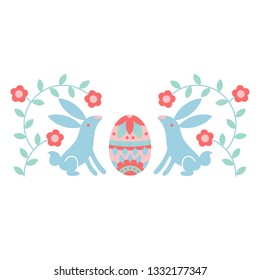 Vector illustration: flat style folk blue rabbits with egg with ornament and flowers in pastel colors isolated on white background. Graphic design for Easter decoration, greeting cards and posters
