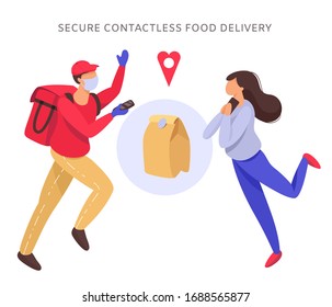 Vector illustration in flat style food delivery man in a red uniform in a dynamic pose, wearing a medical mask and gloves and a happy girl. The concept of secure contactless delivery. 