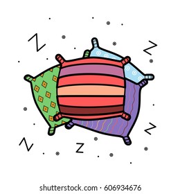 Vector illustration in flat style. Four pillows with different patterns on white background. Applicable for postcards, banners, leaflets, stickers.