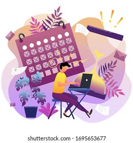  Ilustración vectorial en estilo plano. Desarrollador independiente sentado en una mesa con un portátil. Gestión del tiempo, rendimiento, eficiencia, velocidad, concepto de ejecución.