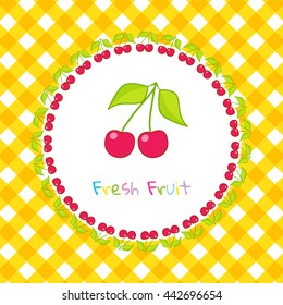 Vector illustration in flat style. Fresh red cherry on squared, yellow lined background, frame from cherry. Print for kitchen design, package, box, pocket, cute menu or shop card. Fruit, healthy food