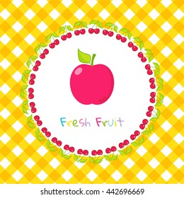 Vector illustration in flat style. Fresh red apple on squared, yellow lined background, frame from cherry. Print for kitchen design, package, box, pocket, cute menu or shop card. Fruit, healthy food 