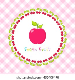 Vector illustration in flat style. Fresh red apple on squared, pink lined background, frame from cherry. Print for kitchen design, package, box, pocket, cute menu or shop card. Fruit, healthy food