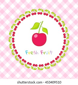 Vector illustration in flat style. Fresh berry on squared, yellow pink background, frame from cherry. Print for kitchen design, package, box, pocket, cute menu or shop card. Fruit, healthy food