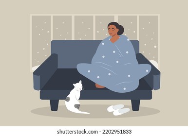 ilustración vectorial en un estilo plano - una chica congelada en un coche envuelta en una manta . invierno exterior