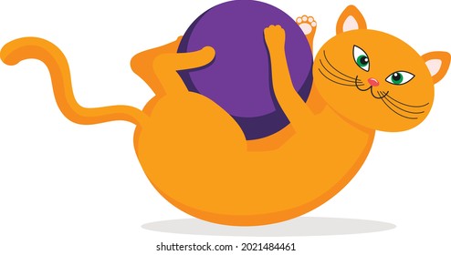 Vector illustration in a flat style of a ginger cat playing with a ball.