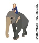 Vector illustration in flat style. Girl is riding on an elephant. Design of souvenirs, posters, travelling brochure.