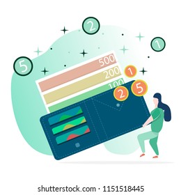 Vector illustration in a flat style. The girl raises a large wallet with credit cards, bills and coins.