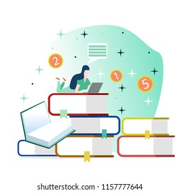 Vector illustration in a flat style. Girl lying on a pile of books working on a laptop, on a background of bills and coins.