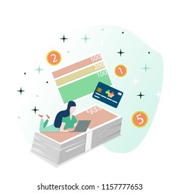 Vector illustration in a flat style. Girl lying on a stack of bills, working on a laptop, against a background of banknotes, coins and a credit card.