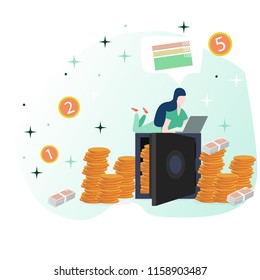 Vector illustration in a flat style. Girl working on a laptop, lying on a safe with money. Against the background of banknotes and coins.
