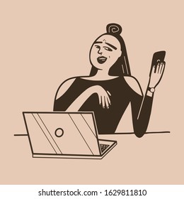 
Vector illustration in a flat style, a girl sits at a table with a laptop and a phone in her hands.