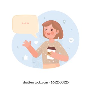  Ilustración vectorial en estilo plano. Chica con café habla con entusiasmo. Antecedentes abstractos con íconos de las redes sociales, burbuja del habla. Mapa, corazón y sonrisa. Comunicación, bloguero, viajes