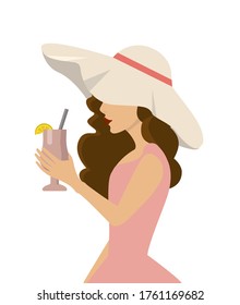 Vector illustration. Flat style. Girl in a hat with cocktail. Summer mood.