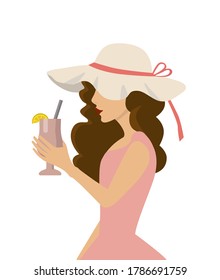 Vector illustration. Flat style. Girl in a hat with cocktail. Summer mood.