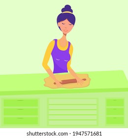 Vector illustration in a flat style. A girl in an apron cooks in the kitchen. Rolls out the dough with a rolling pin on the table. Home-made food.