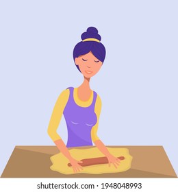 Vector illustration in a flat style. A girl in an apron cooks in the kitchen. Rolls out the dough with a rolling pin on the table