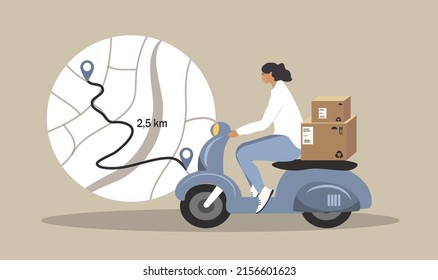 vector illustration in flat style. girl courier carries boxes on a scooter and a map with a route