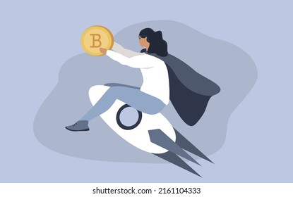 vector illustration in a flat style - a girl flies on a rocket, holding a bitcoin in her hands