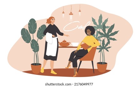 vector illustration in flat style. girl makes an order in a cafe. the waitress takes the order