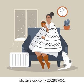 vector illustration in a flat style - a girl in a chair wrapped in a blanket next to her heater. winter outside