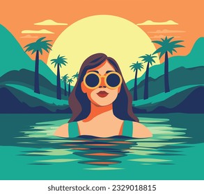 Vector illustration in a flat style. Girl in the sea. girl in the water. Vector simple graphics, flat style. girl on vacation. Tourist travel. Seascape