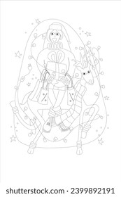 Vector illustration in flat style of a girl with gifts and packages riding on a deer in a scarf and garland.