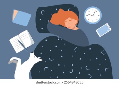 vector illustration in flat style. girl sleeping in bed next to the dog