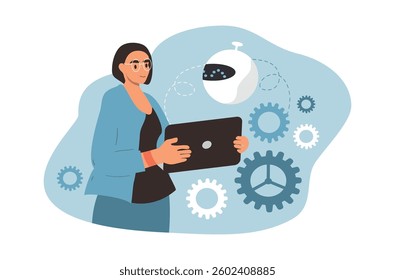 vector illustration in a flat style a girl communicates with an electronic assistant bot