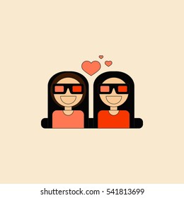 Vector illustration in flat style girls at the Cinema theater in 3D glasses